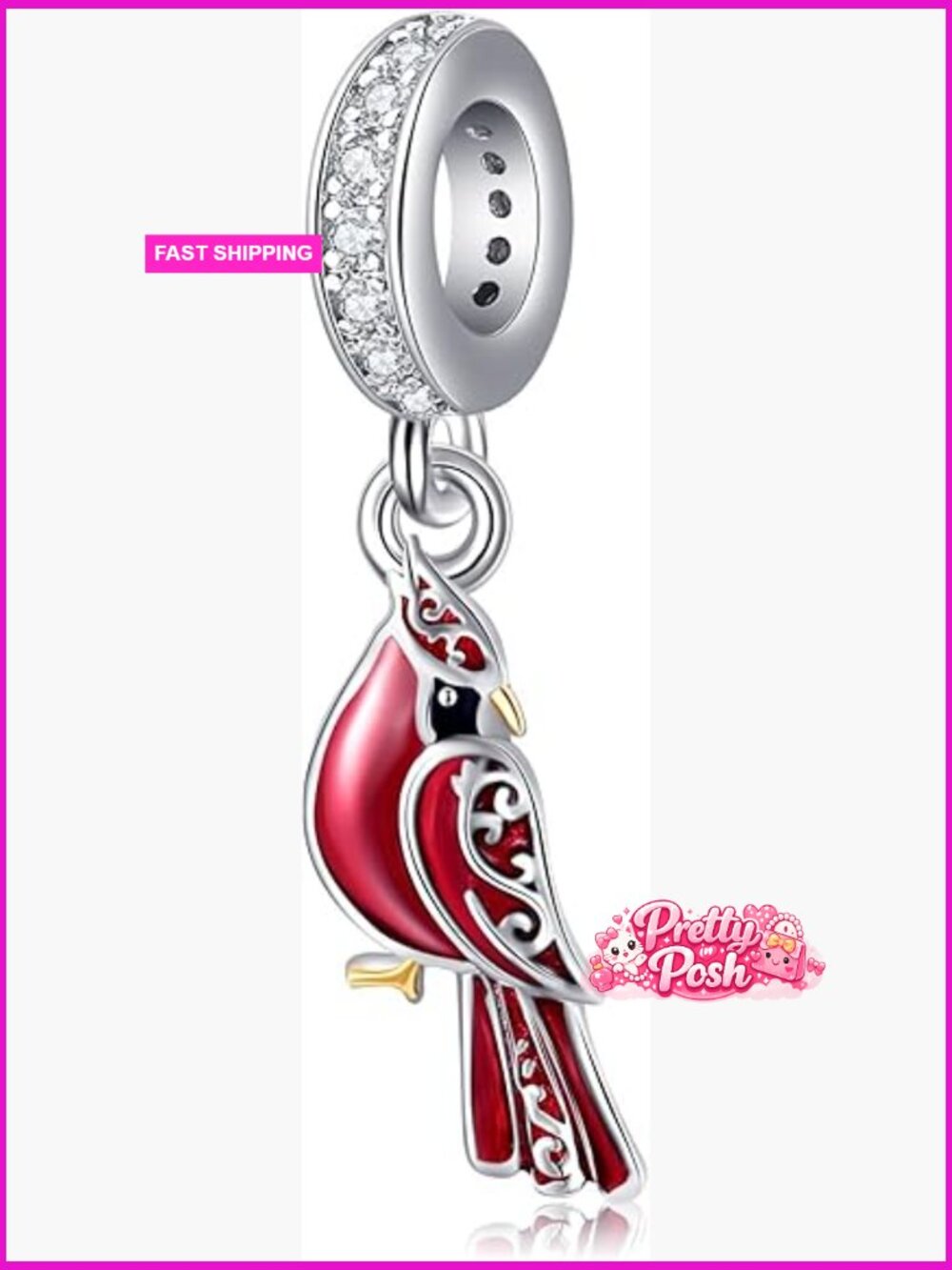 925 Sterling Silver Cardinal Charm Bead for Bracelets and Necklaces